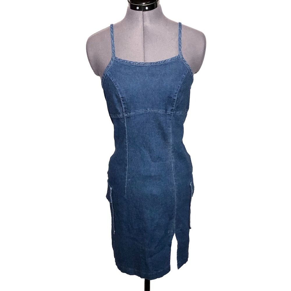 Y2K Denim Cargo Mini Dress Blue Bodycon 2000s Festival Grunge 32-29-34
